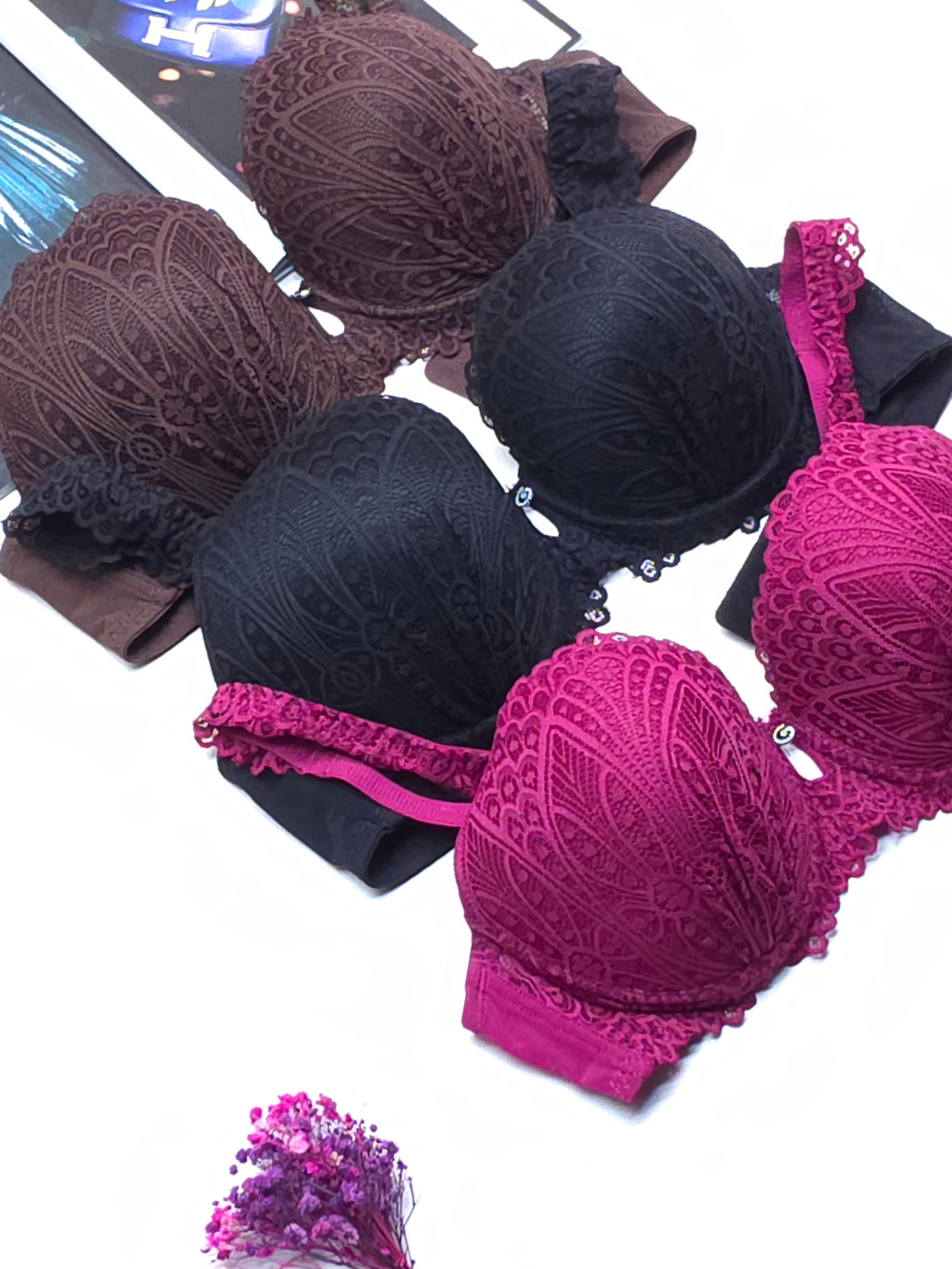 (36-42)D Cup Size Light Padded Wired Flower Pattern Bra (165)